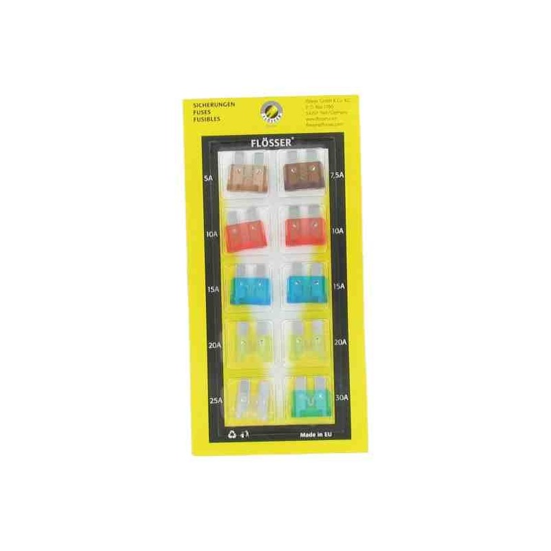 Blister de 10 fusibles plats enfichables Flosser: 5-7.5-10-15-20 et 30