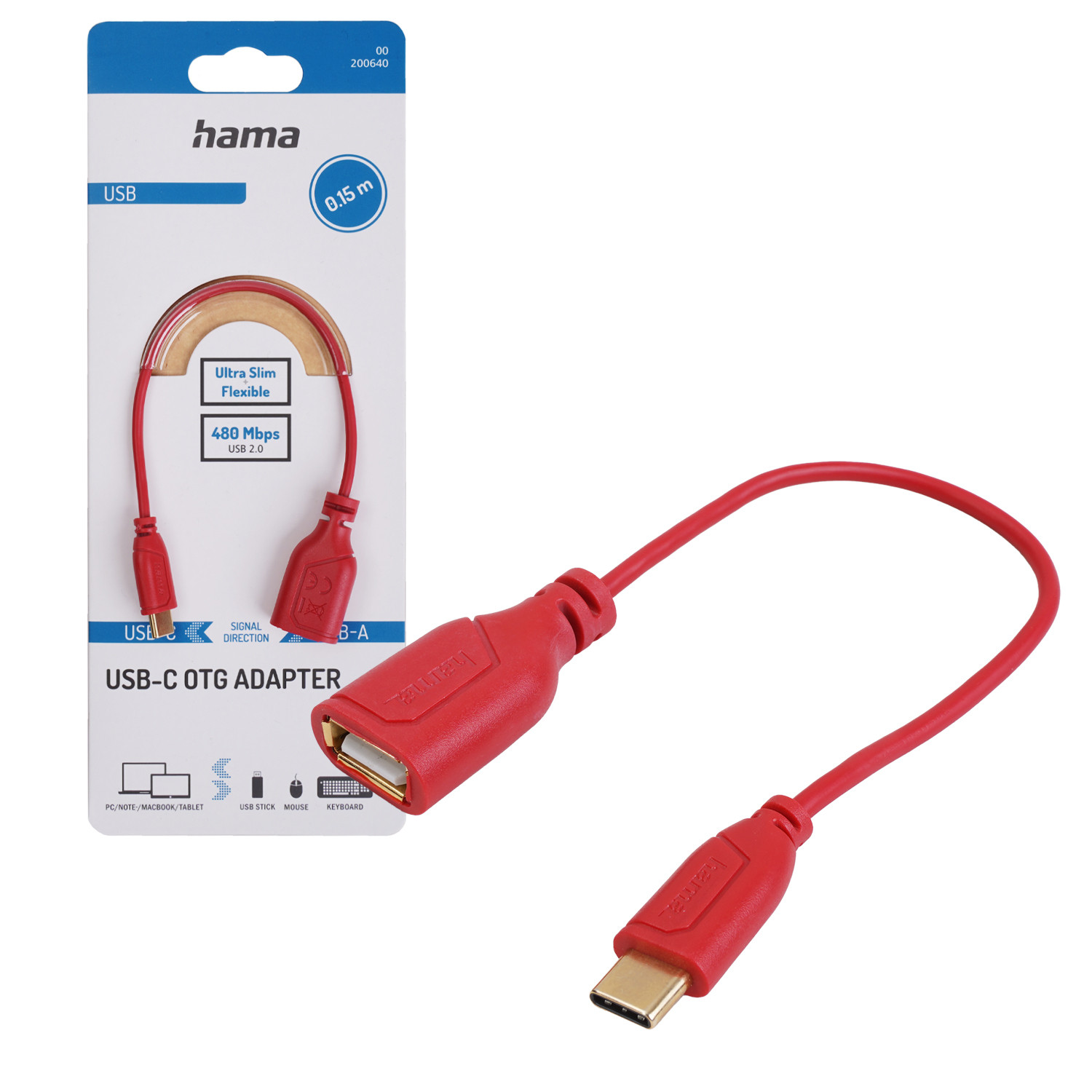 Hama USB-C naar USB-A adapterkabel OTG, flexibel en slank, rood
