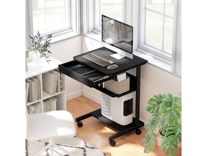 HOMCOM Bureau PC Bois Métal avec Tiroir et Roulettes Noir