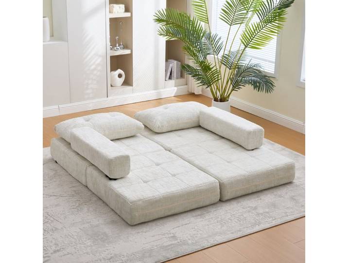Canapé-lit pliable en chenille beige avec coussins et dossier