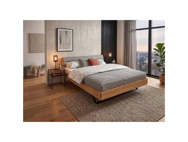 Massivholzbett Rowe mit Polsterkopfteil 160 x 200cm Flachgewebe Braun Eiche