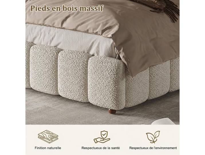 WUVRIE Lit coffre 140 x 190 cm à ouverture hydraulique sommier à lattes inclus bouclette blanche