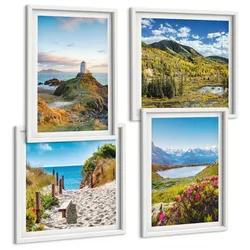 BILDER SET 4er Set - 50x50 cm & 40x60 cm Weißer Rahmen - Strand, Leuchtturm, Berge, Wiesen, Blumen
