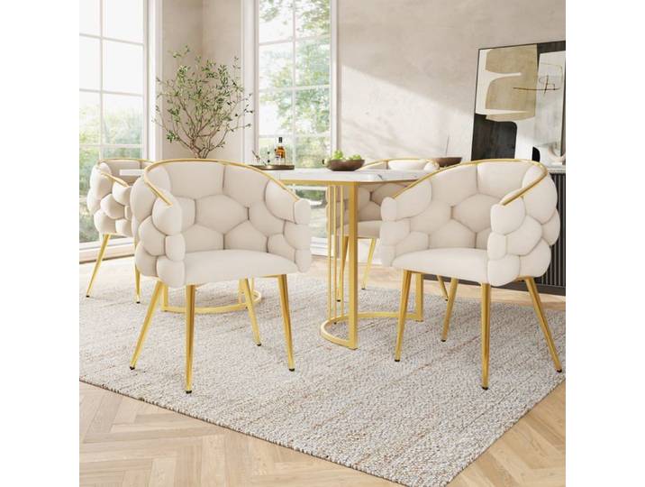 Lot de 4 chaises de luxe en velours Logidon en velours beige avec pieds dorés