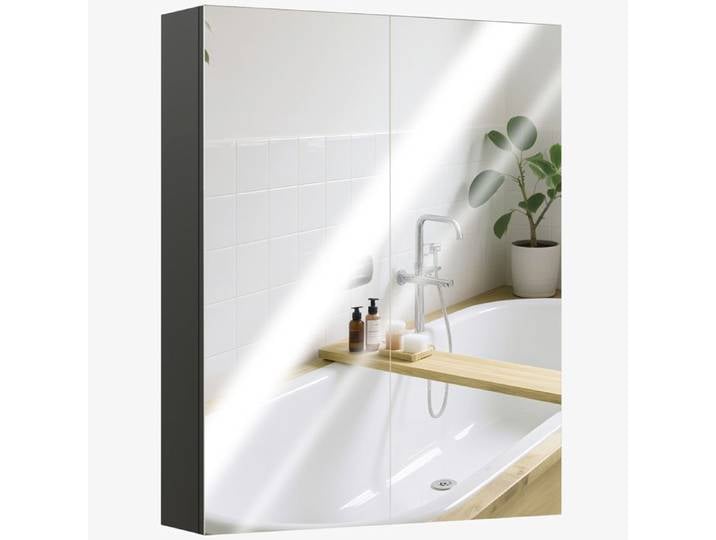 VVBV-Meuble Miroir de Salle de Bain Suspendu 2 Portes 2 Étagères MDF Noir 60x15x75 cm