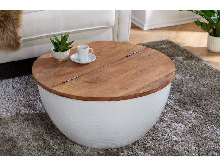 riess-ambiente Couchtisch ORIENT STORAGE Ø60cm natur / weiß, Wohnzimmer · rund · Massivholz · Metall · mit Stauraum · Hammerschlag