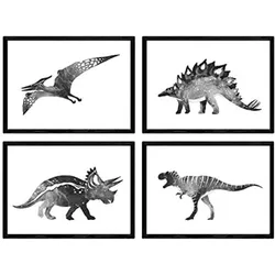 POSTER Set mit 4 Dinosaurios weiß negro A4 Rahmenlos