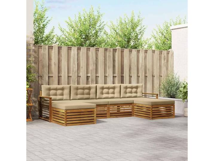 RJPLMFV Sektionalsofa für den Außenbereich, 6-teilig, Akazie, Natur, Beige Modular, Lattenrost, Armlehnen, Massivholz, für Garten, Terrasse, Pool