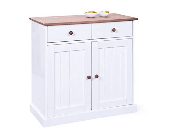 Dmora Sideboard mit zwei Türen und zwei Schubladen, weiß und braun, 90 x 86 x 45 cm.