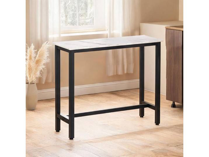 Table mange-debout polyvalente 120x40x100 cm plateau blanc aspect marbre piètement acier noir repose-pied intégré