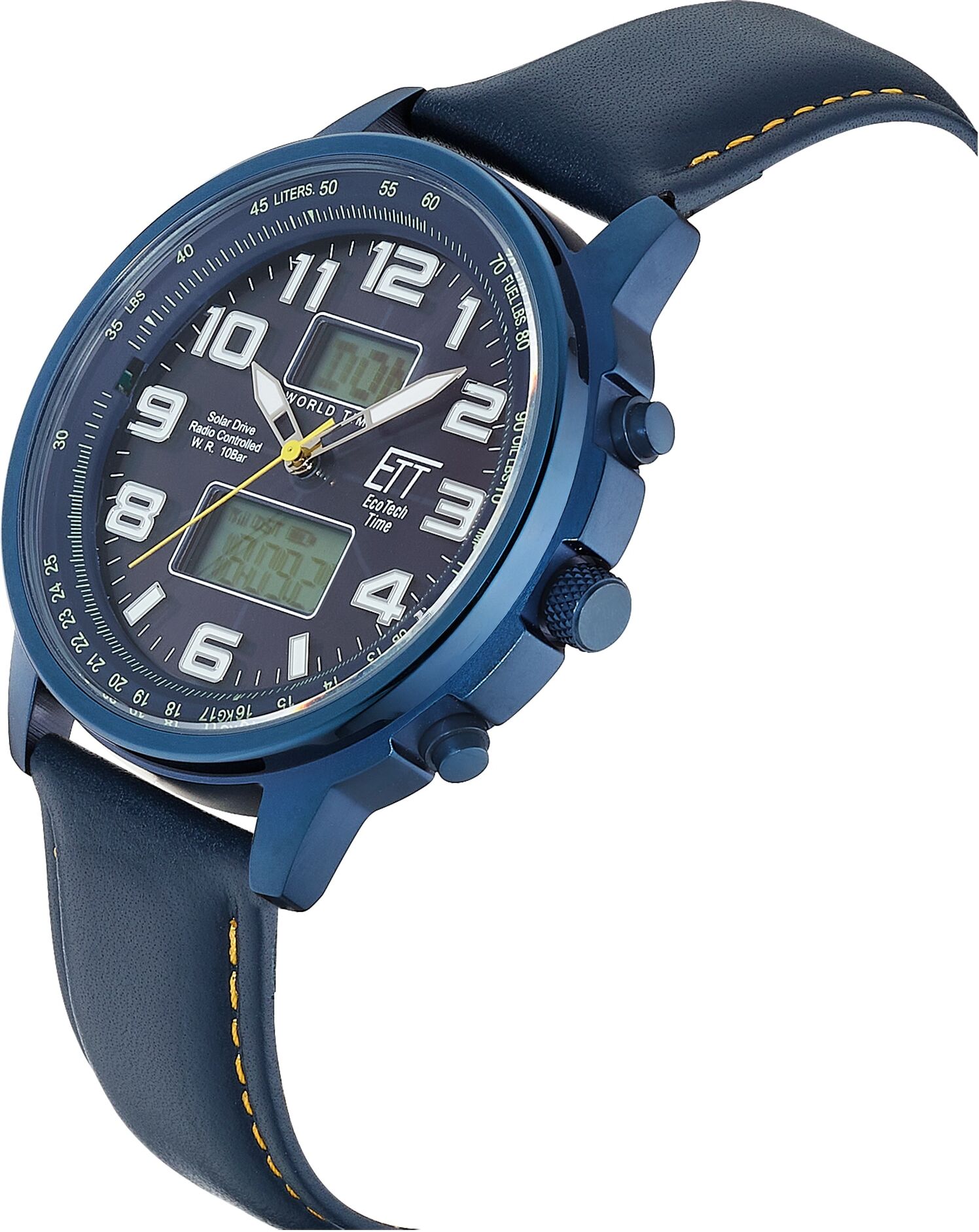 Funkchronograph ETT "Hunter", blau (blau, blau, blau), Armbanduhren, Herren, blau, Funkchronograph, Armbanduhr, Solar, Herrenuhr, Lederarmband, analog, digital