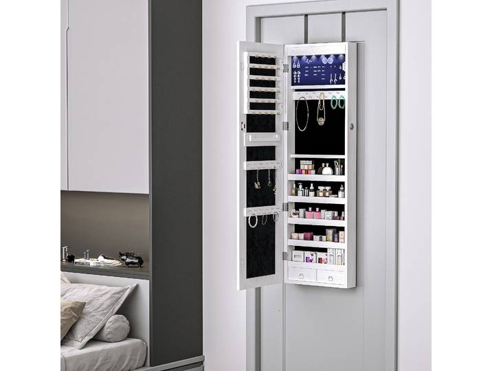 HOMCOM Armoire à Bijoux Murale avec Miroir LED Effet Bois Grisé