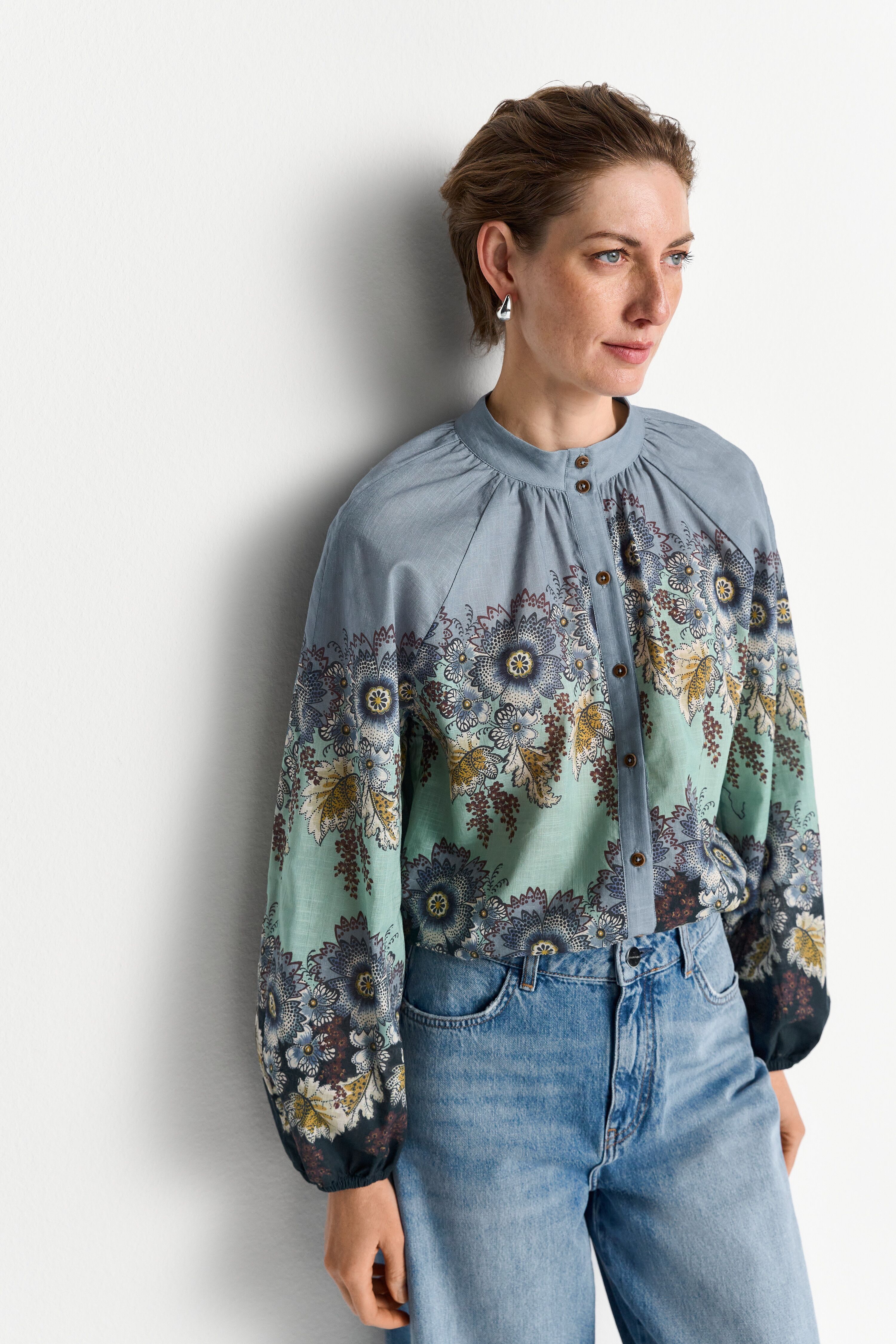 Langarmbluse RICHROYAL, Damen, Gr. 38, midnight blau, Web, Obermaterial: 100% Baumwolle, bequem, Rundhals, Blusen Langarmbluse, floralem Bordürenprint midnight blau 38
