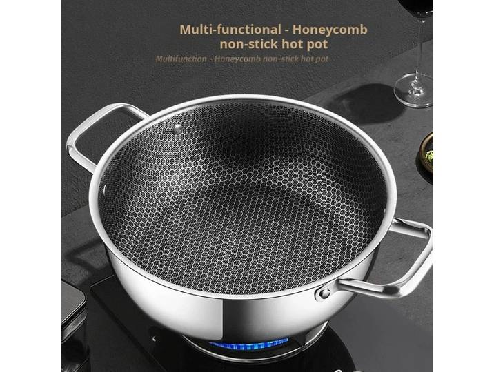 Poêle à soupe, wok et poêle à frire en acier inoxydable 410, antiadhésive alvéolée avec couvercle, compatible induction et gaz, pour la maison