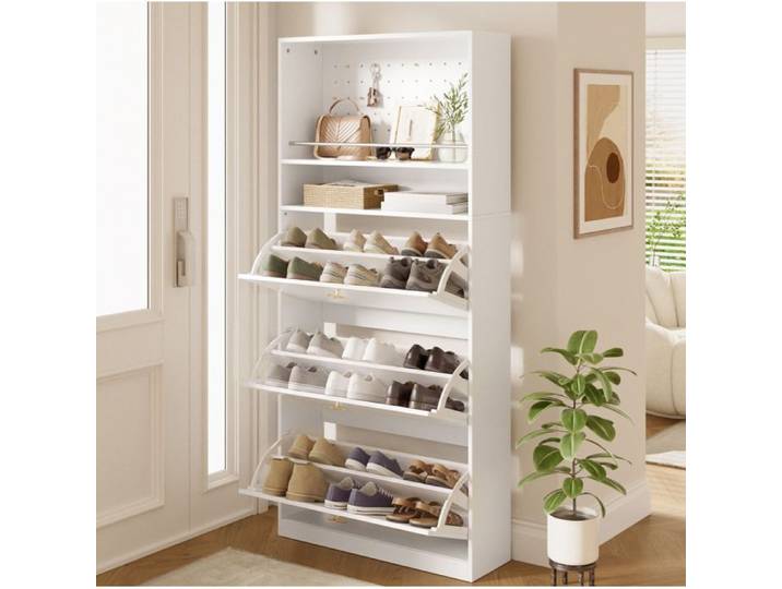 ELVORIN Meuble à chaussures étroit 3 abattants 2 niches blanc 80 x 24 x 178 5 cm