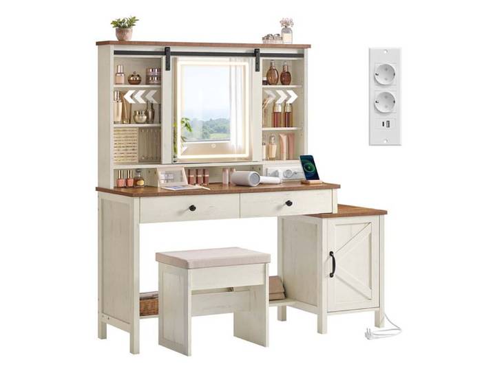 Coiffeuse - HELLOSHOP26 - LIRY - Miroir avec éclairage - 2 tiroirs - Style rustique
