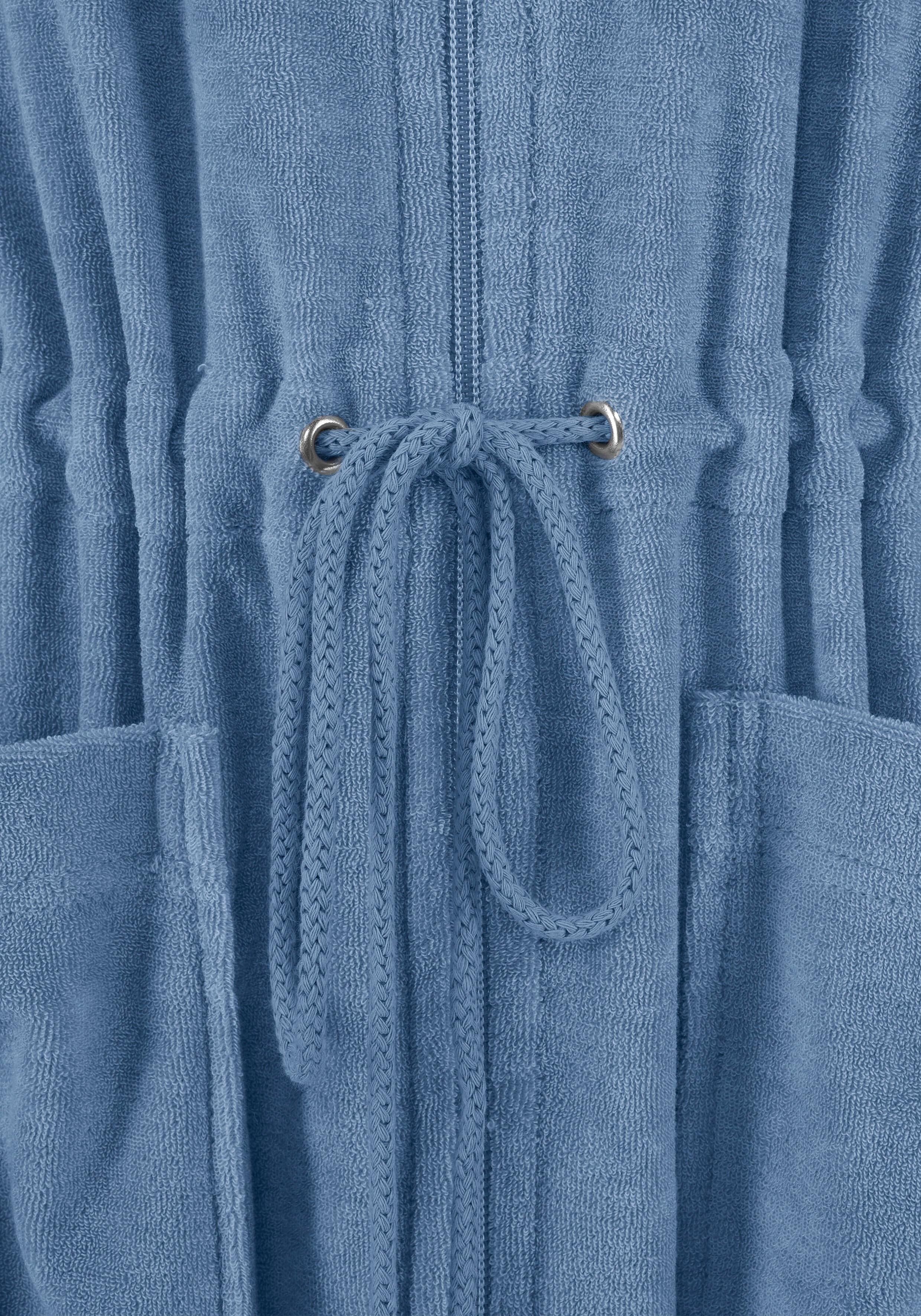 Damenbademantel GOODPRODUCT "Nela, ideal für Sauna & Spa, Hotelbademantel, Morgenmantel" Gr. XS, blau, L:90cm, Leichtfrottee, Hausmäntel, Damenbademantel, einfarbig, kurz, mit Kordelzug & Taschen, XS-3XL blau XS L: 90cm