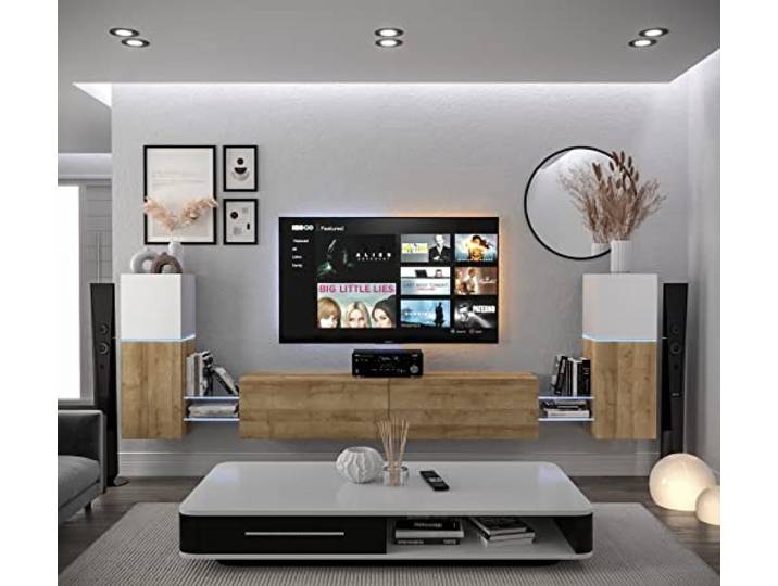 Furnitech Wohnwand Wohnzimmer Hängend Wohnwand Modern Wohnzimmer Schrankwand mit Regale und TV Schrank Wohnzimmer Möbel ohne LED (AN104-21WDZ-HGM6-1A)