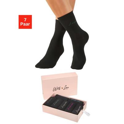 Basicsocken LASCANA "für Damen mit eingestricktem Markenlogo", Damen, Gr. 35-38, schwarz (7x schwarz), Baumwollmischung, unifarben, elastisch, Socken, in ansprechender Geschenkbox