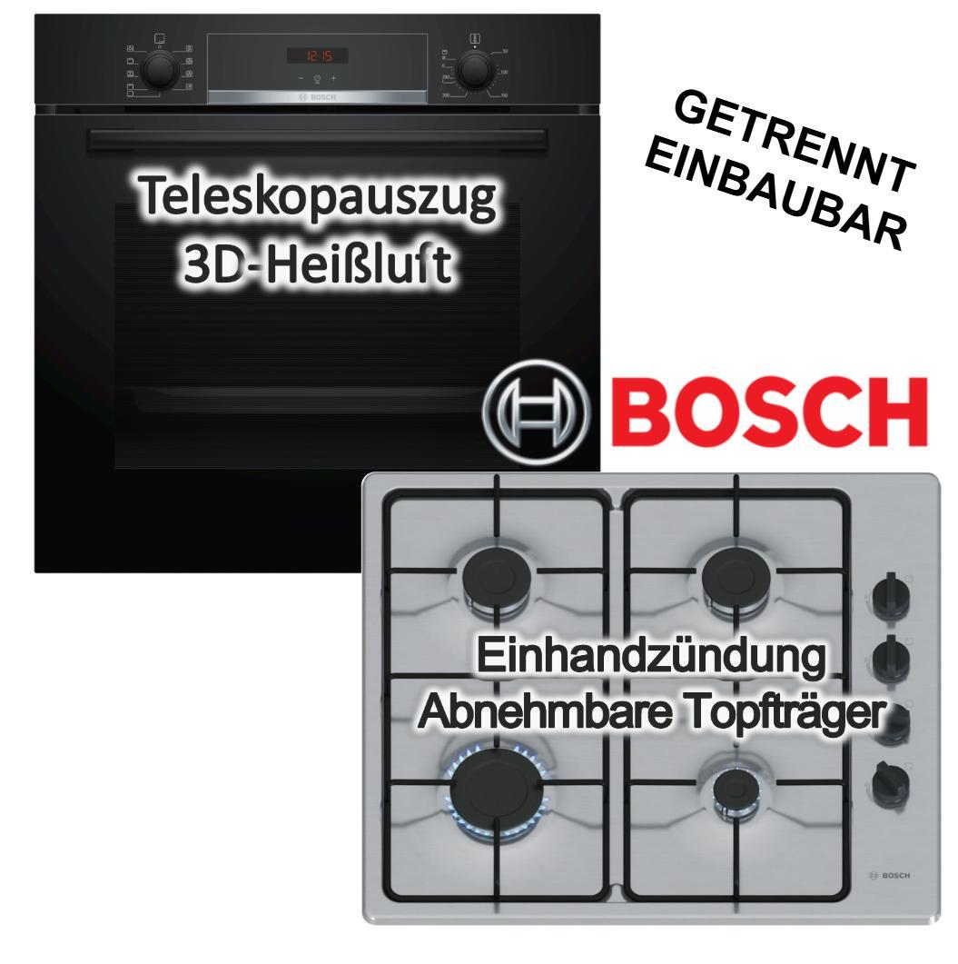 Herdset BOSCH Einbaubackofen Hydrolyse 3D-Heißluft Teleskopauszug + Gaskochfeld 4 Brenner Starkbrenner
