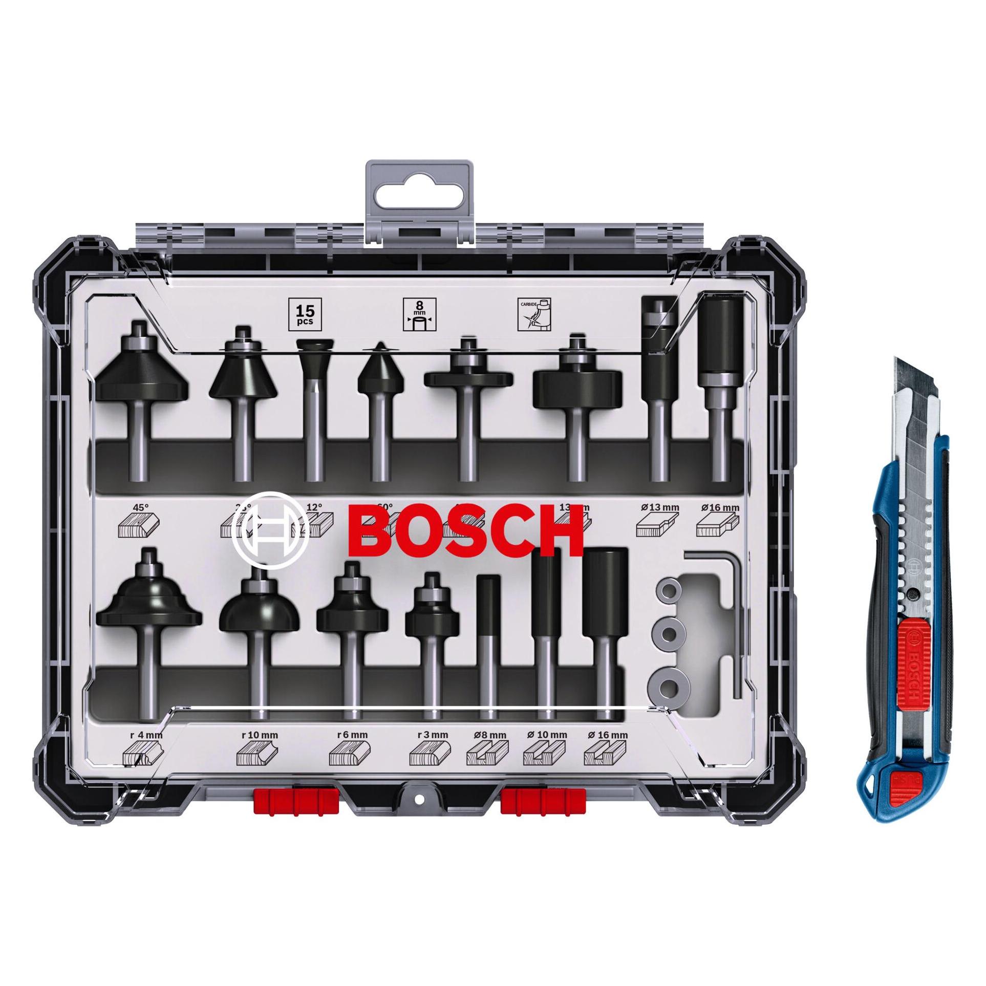 Bosch Professional Zubehör 15-teiliges Fräser-Set inklusive gratis Cuttermesser (0615997653)