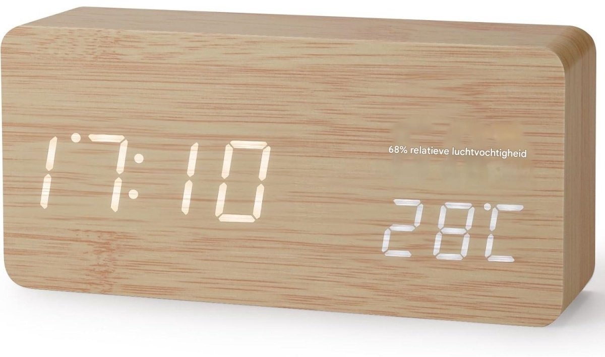 GELLDG Digitale houten wekker met LED-temperatuurweergave en 3 helderheidsniveaus, bruin