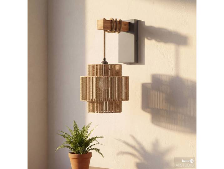 Wandleuchte SIMI mit Akku-Leuchtmittel 20 x 40 x 30cm Braun/Beige Schirm: Papierkordel Gestell: Eisen & Gummibaum, lackiert LED LED-Platine
