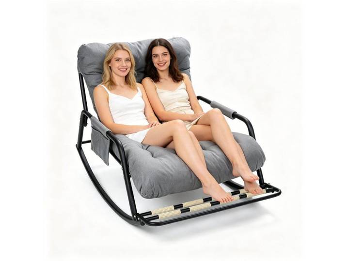 Fauteuil à Bascule XXL - Rocking Chair avec Coussin Épais - Repose-Pieds à Rouleaux & Poche Latérale - Gris