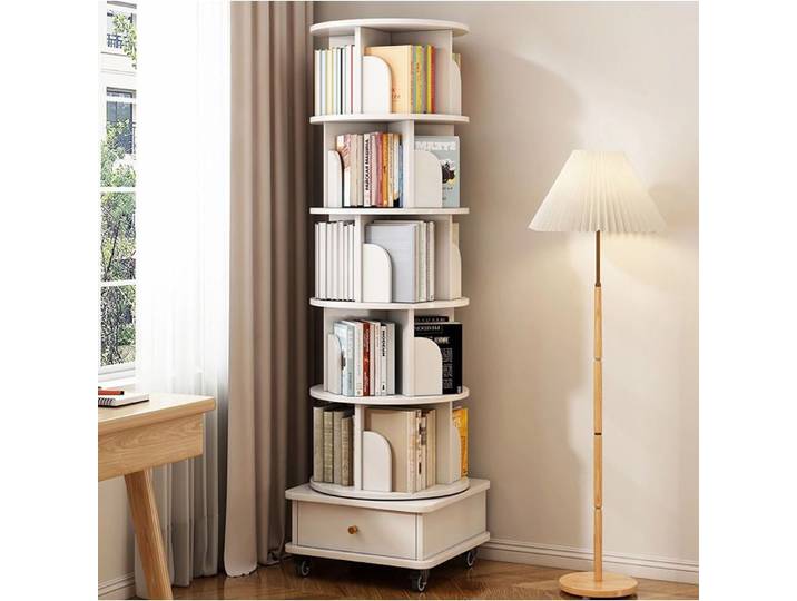 Bibliothèque Rotative 6 Niveaux 360° avec Tiroir et Roulettes Gain de Place - LPOSPI - MDF Blanc 46 × 46 × 173 cm