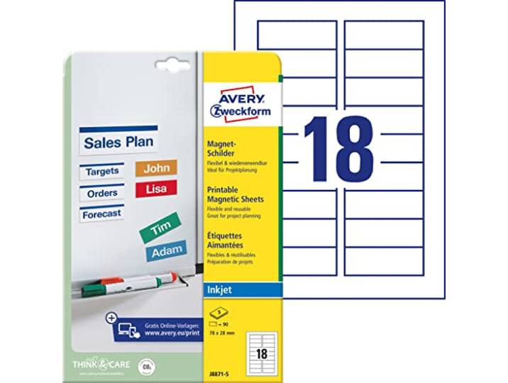Avery J8871-5 Lot de 5 feuilles d'étiquettes aimantées 78 x 28 mm (Import Allemagne)