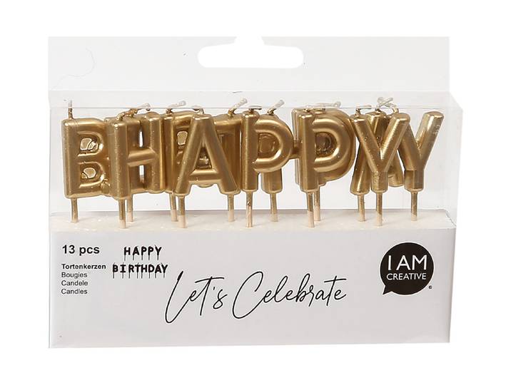 Tortenkerzen Happy Birthday gold, 13 Stk.