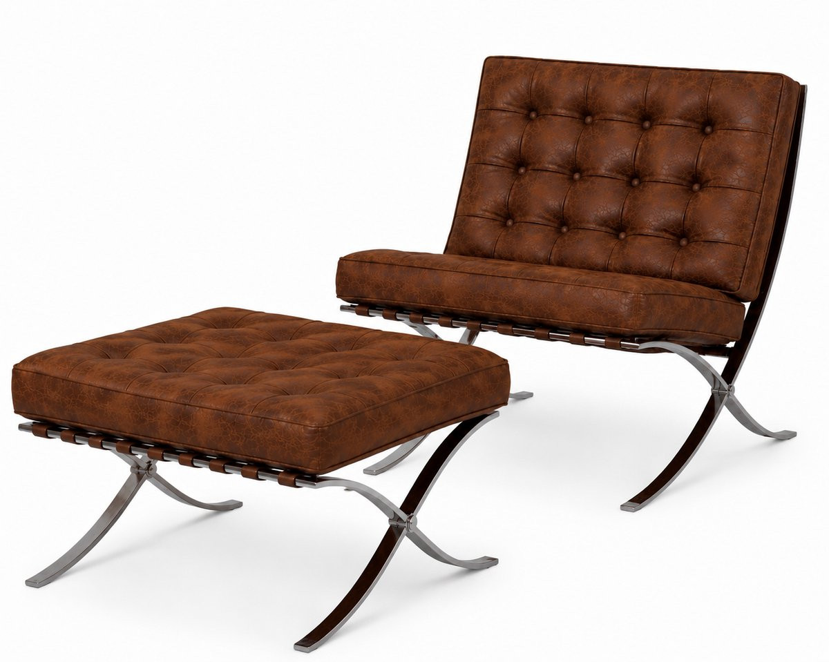 Oslo Lounge Stoel met Hocker - Vintage Bruin - Luxe Fauteuil