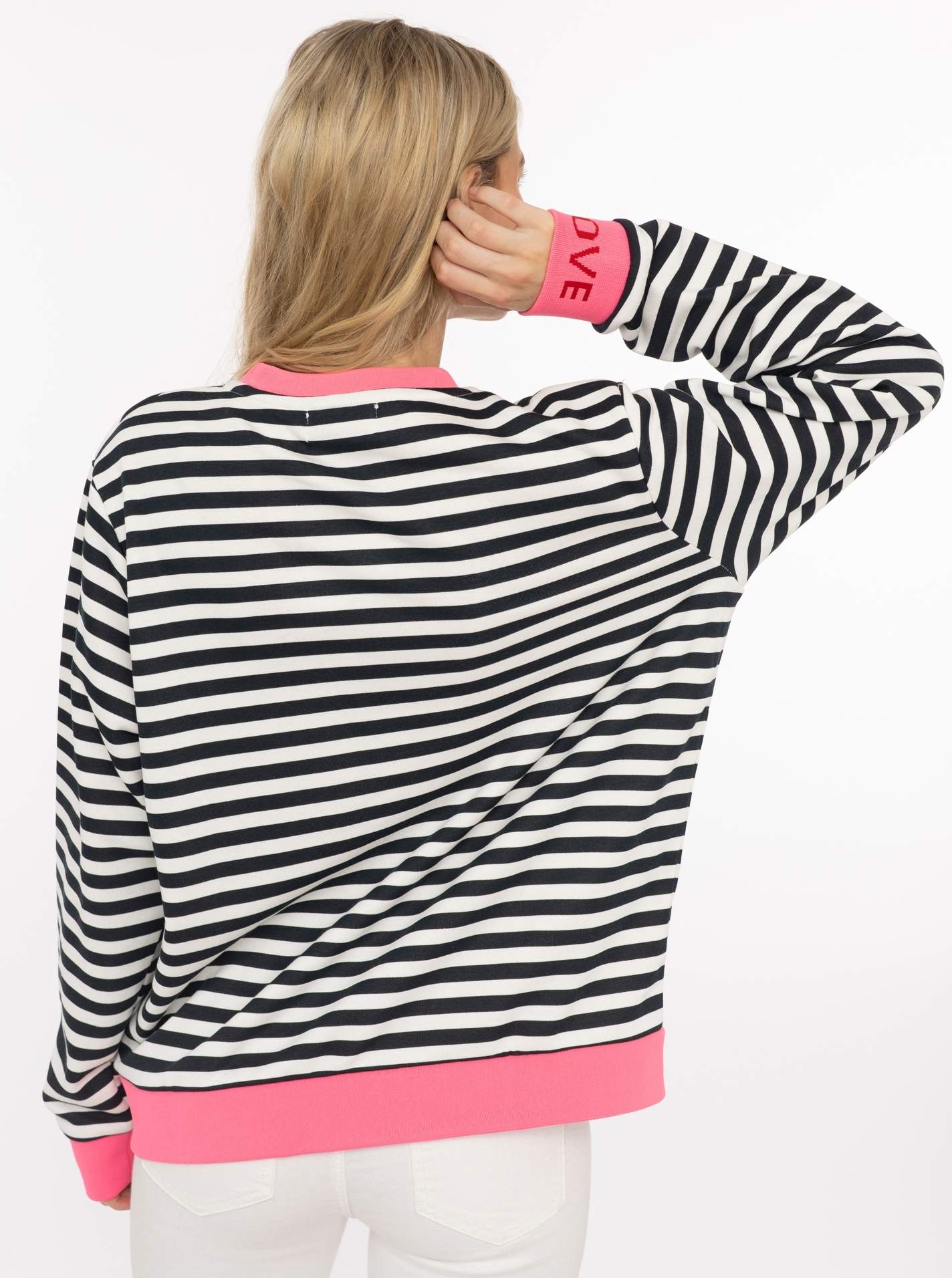 Sweatshirt ZWILLINGSHERZ "LOVE", Damen, Gr. S/M, schwarz-weiss (marine), Sweatware, Obermaterial: 50% Baumwolle, 50% Polyester, Sweatshirts Sweatshirt, gestreift, Rundhals, pinke Bündchen, LOVE Schriftzug marine S/M