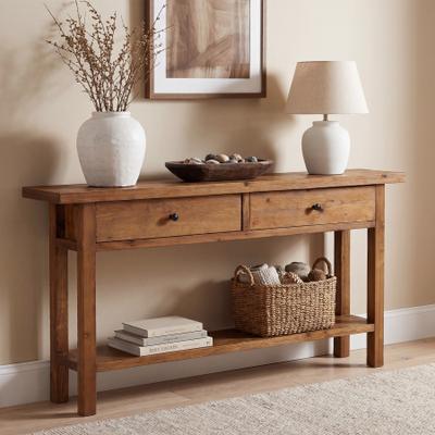 YUZHOU Rustic Solid Wood Entryway Table with 2 Drawers and Storage Shelf