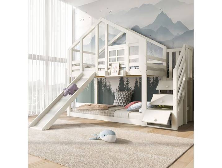 COVREO Lit superposé enfant cabane 90 x 200 cm avec toboggan rangements intégrés blanc