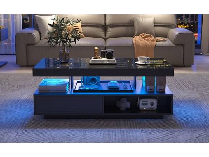 Merax Schwarzer Hochglanz Couchtisch mit LED,95x50x42,5 cm mit 4 Glaseinsätzen, 2 Schubladen und 2 offenen Fächern – Modernes Design für Wohnzimmer, Unterschrank, Stilvoller Couchtisch