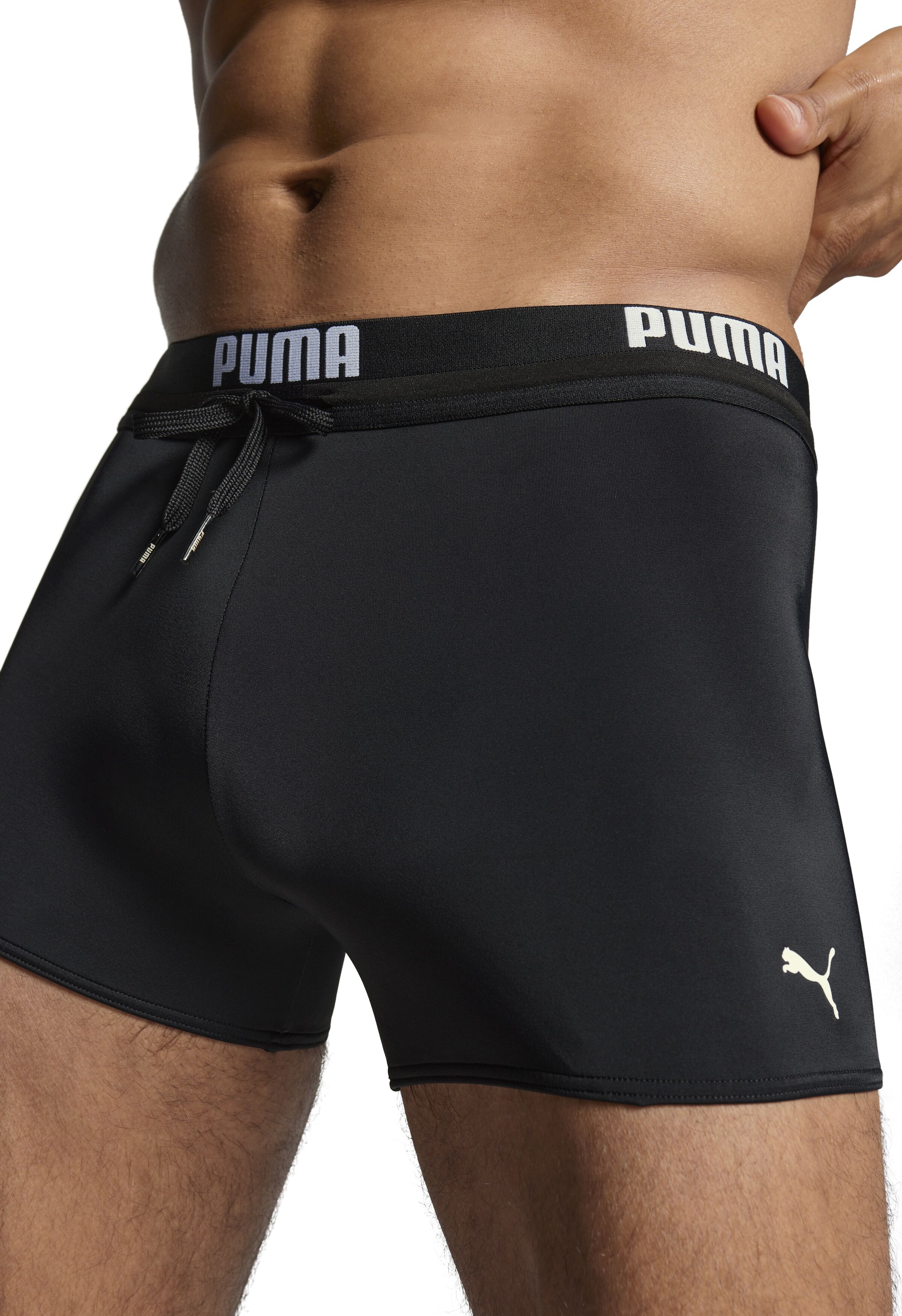 Badehose PUMA "PUMA SWIM MEN LOGO TRUNKS", Herren, Gr. XS, N-Gr, schwarz, Web, Obermaterial: 80% Polyamid, 20% Elasthan, Badehosen Badehose, elastischer Logobund mit integriertem Kordelzug schwarz XS, N-Gr