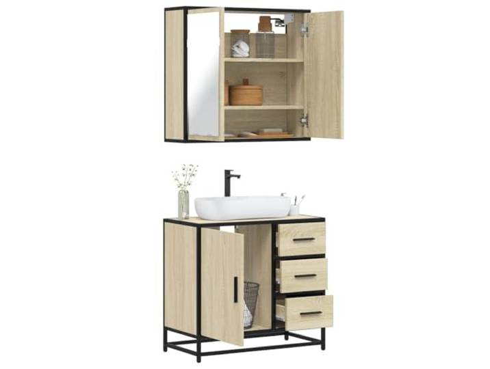 HWKQEQRF 2-TLG. Badmöbel-Set Sonoma-Eiche Holzwerkstoff Waschbeckenunterschrank,Spiegelschrank,Lowboard,Metallgestell,Wandmontage,Stauraum,Öffnung für Waschbecken,platzsparend