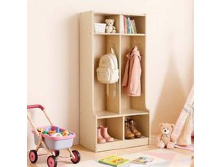 VEVOR Offener Kinderkleiderschrank aus Sperrholz, Kindergarderobe mit 4 Haken & 6 Fächern (2 Groß + 4 Klein), Garderobenregal & Aufbewahrungsregal für Kinderzimmer Zuhause Kindergarten Kita