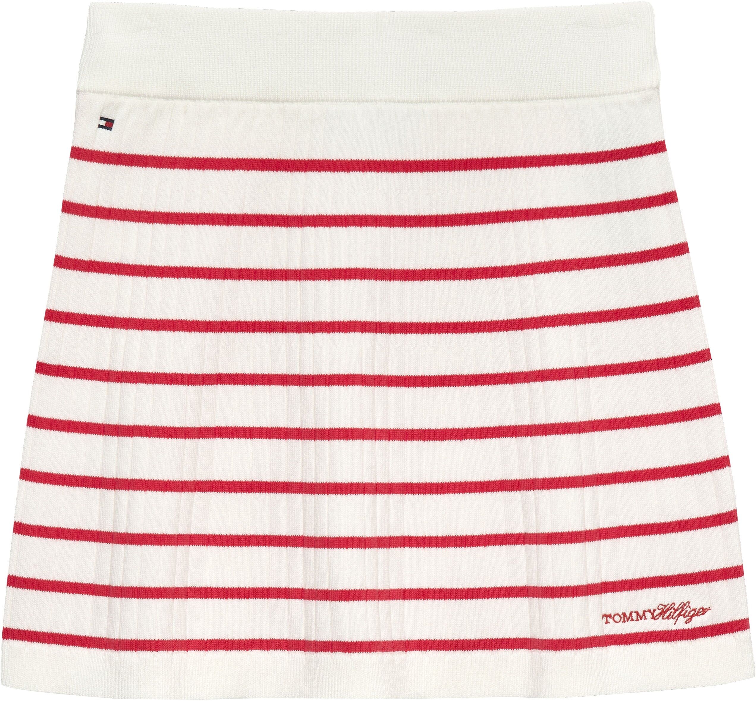 Sweatrock TOMMY HILFIGER "SWEATER RIB SKIRT", Mädchen, Gr. 7 (122), rot alert stripes, Web, Obermaterial: 72% Baumwolle, 28% Polyamid, gestreift, regular fit kurz, Röcke Sweatrock, Kinder bis 16 Jahre, regular fit rot alert stripes 7 (122)