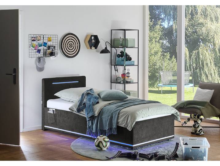 Lit rembourré lumineux Circle 90 x 200cm Microfibre Enza Noir Avec coffre de lit