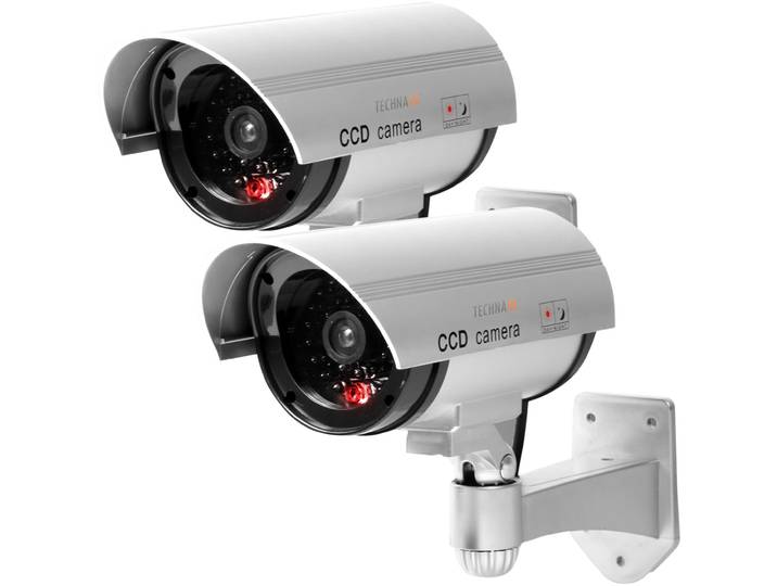 2er-Set Überwachungskamera Attrappe mit Signal-LED, Dummy, grau