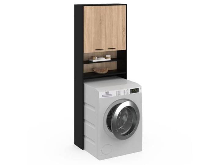 IDMarket - Meuble étagères de rangement dessus machine à laver et WC WALLIS noir et bois façon hêtre