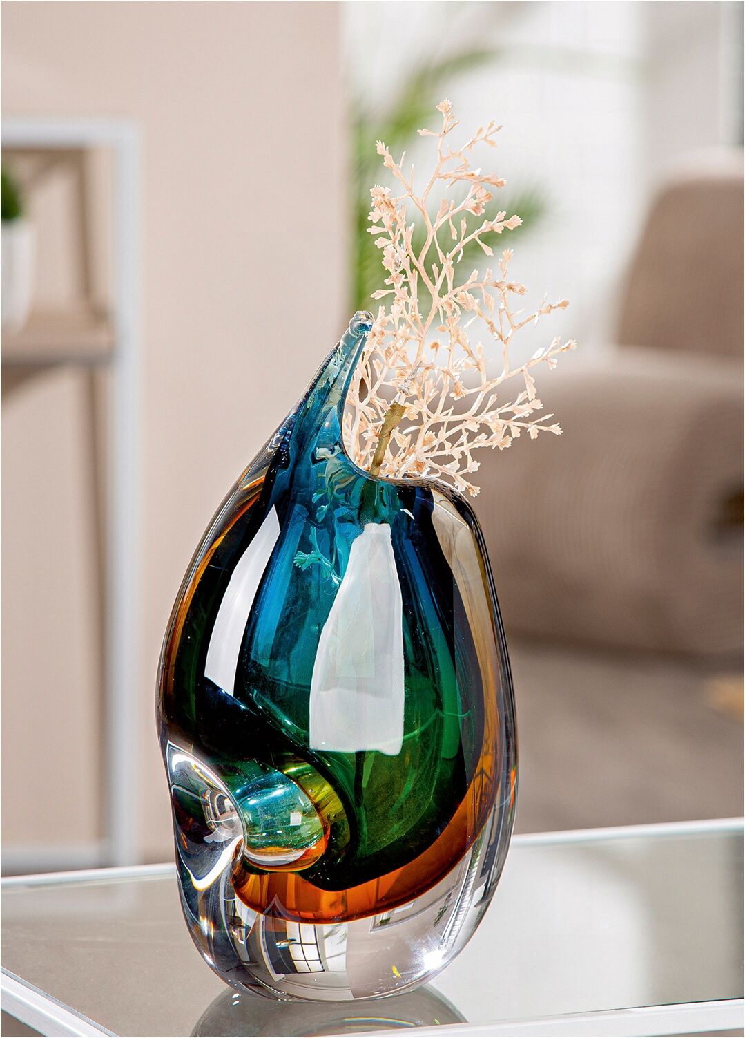 Tischvase GILDE "Vase Dario mehrfarbig H. 23,5 cm", bunt (blau, braun, grün, klar), B:12,5cm H:23,5cm T:9cm, Glas, Vasen, Tischvase, Vase, Glas, modern, zeitlos, Tischdeko, Bodenvase, Geschenkidee blau, braun, grün, klar B/H/T: 12,5cm x 23,5cm x 9cm