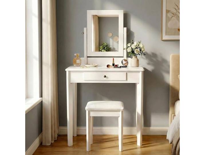 CLP Schminktisch Set mit Hocker und Spiegel Velia, Kosmetiktisch mit Schublade, Sitz gepolstert, Gestell aus Pappelholz, Farbe:weiß