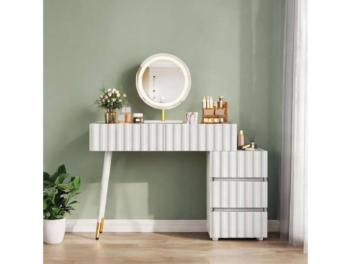Console maquillage design contemporain soft white avec miroir LED 5 tiroirs 100x40x127 cm
