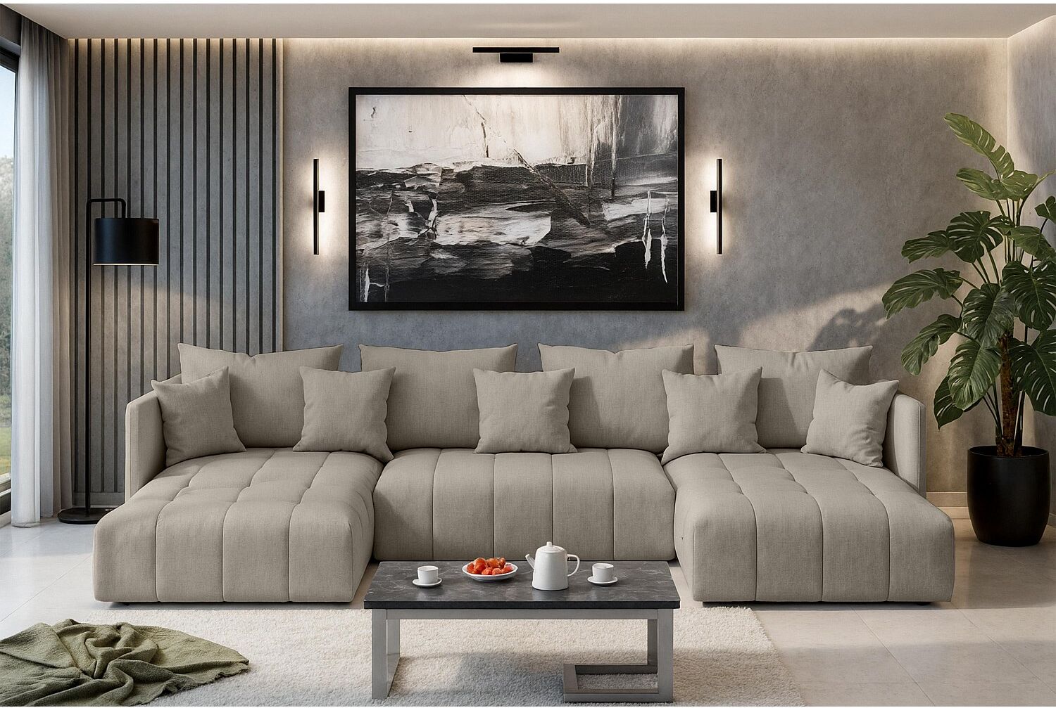 AX LIVING Hoekbank U vorm Veliro 345 cm in Lichtbruin met Bedfunctie