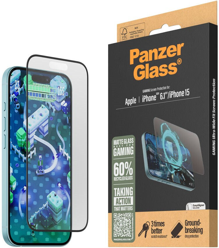 iPhone 15 / 16 PanzerGlass Ultra Wide Fit Beskyttelsesglas m. EasyAligner - Anti-Reflective - Diamond Strength - Gennemsigtig / Sort Kant