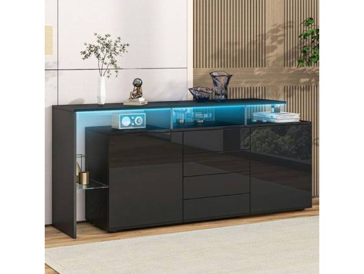 Buffet Bahut Noir Laqué 160x35x70cm - Commode Éclairage LED - Meuble TV/Multifonction Salon Et Salle À Manger - Meuble BUFFET