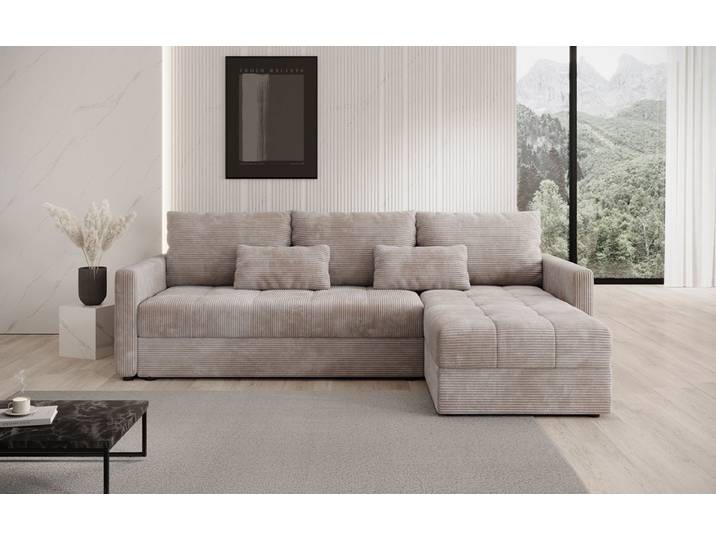 Designer Ecksofa Roma in Cord mit Schlaf- und Klappfunktion - Beige - Rechts - Cord - Luxusbetten24
